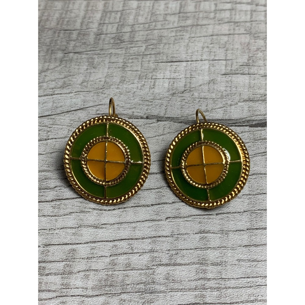 Vintage Gold Tone Green Yellow Enamel Target Round Lever Back Earrings 1 Inch